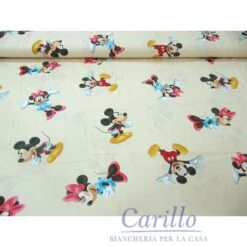 TESSUTO STOFFA COTONE DISNEY MINNIE TOPOLINO A METRO ALT. 280 COLORE PANNA G015